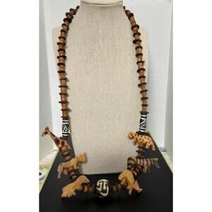 African Animal Necklace Flat Wood & African Beads, Zebra, Giraffe, Leopard, Lion